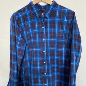 Gap Women's Blue Plaid Fitted Boyfriend Fit Shirt
